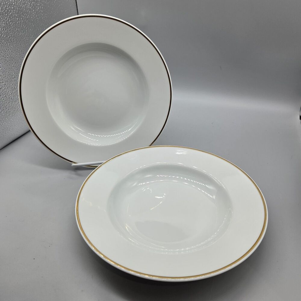 Apilco set (2) White gold band Porcelain Wide Rim 8.75" Soup Pasta Bowls France